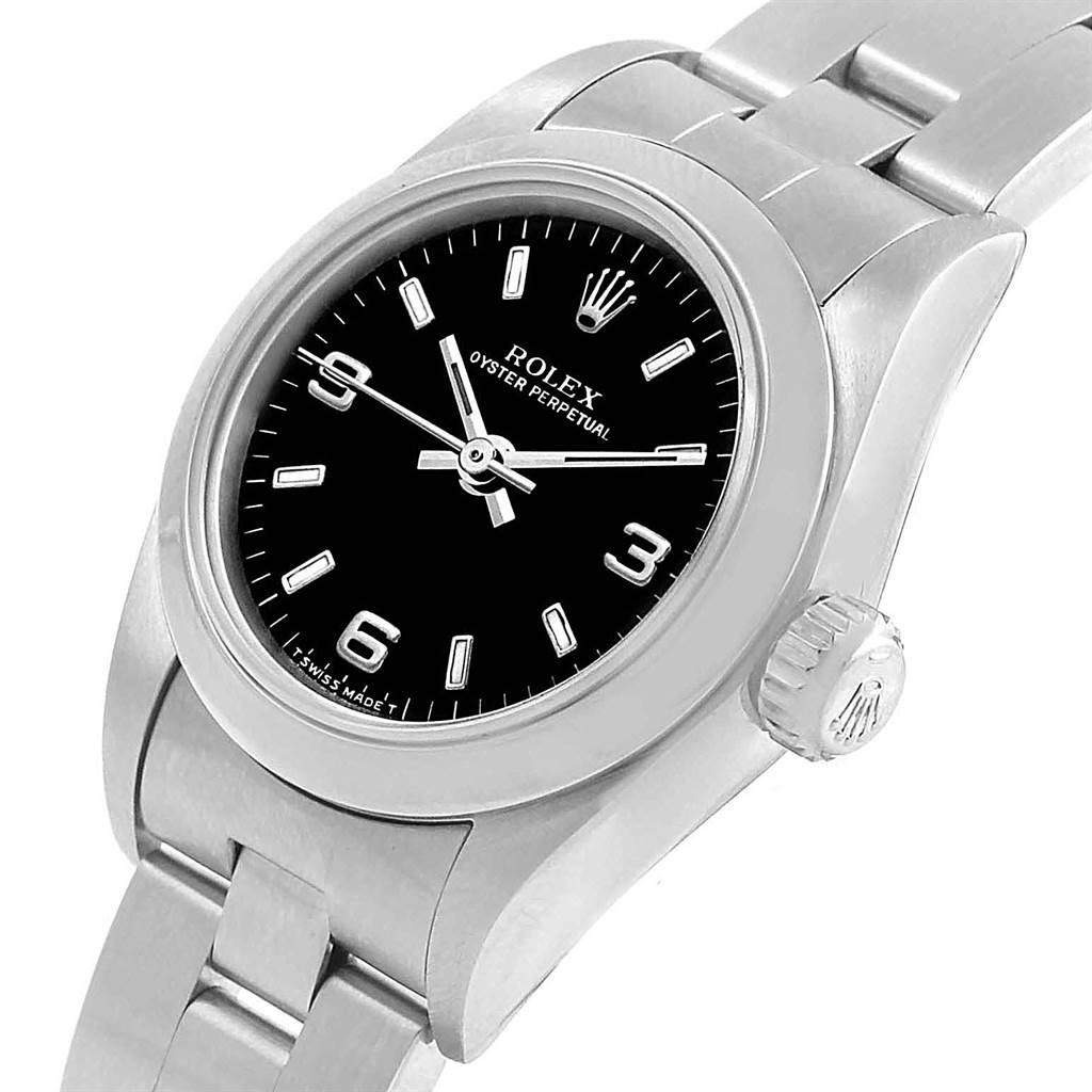 This image shows a Rolex Oyster Perpetual 67180 Women
s Stainless Steel Black Dial 67180 Women
s Stainless Steel Black Dial watch at a slight angle, highlighting the dial, crown, case, and part of the bracelet.