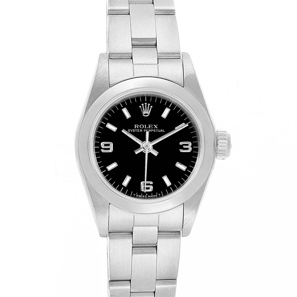 This Rolex Oyster Perpetual 67180 Women
s Stainless Steel Black Dial 67180 Women
s Stainless Steel Black Dial watch is shown from a top-down angle, displaying the face, bezel, and bracelet.