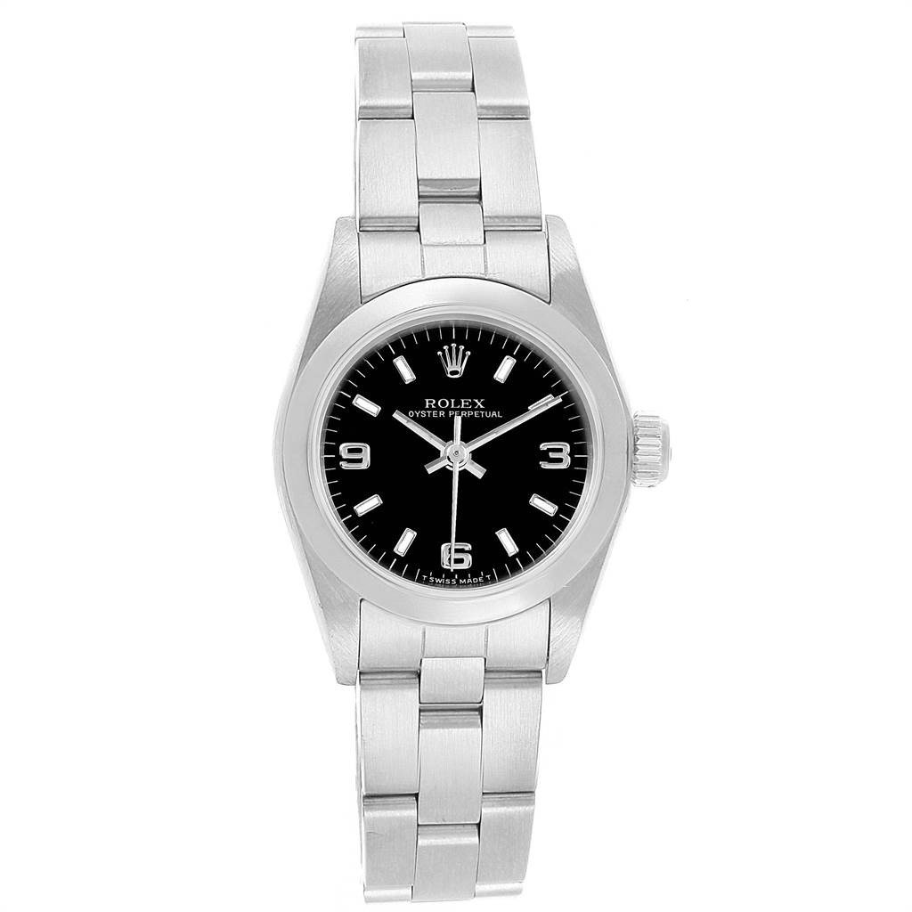 This is a front view of a Rolex Oyster Perpetual 67180 Women
s Stainless Steel Black Dial 67180 Women
s Stainless Steel Black Dial watch, showing the face, bezel, and bracelet.