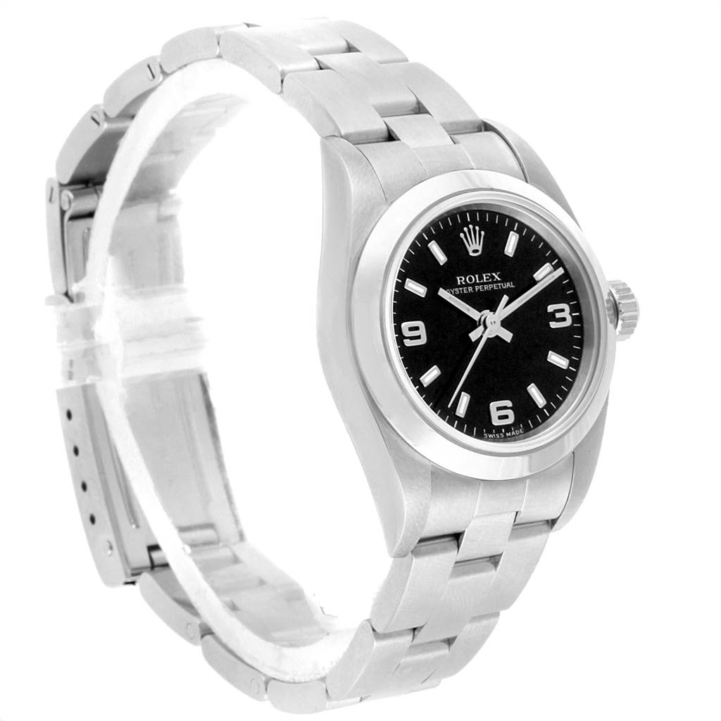 The image shows a side angle of the Rolex Oyster Perpetual 76080 Women's Stainless Steel Black Dial 76080 Women's Stainless Steel Black Dial watch, highlighting its dial, bezel, crown, and bracelet.