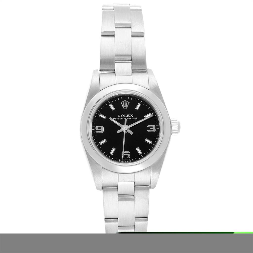This Rolex Oyster Perpetual 76080 Women's Stainless Steel Black Dial 76080 Women's Stainless Steel Black Dial watch is shown from the front, displaying the face, bezel, lugs, and bracelet.