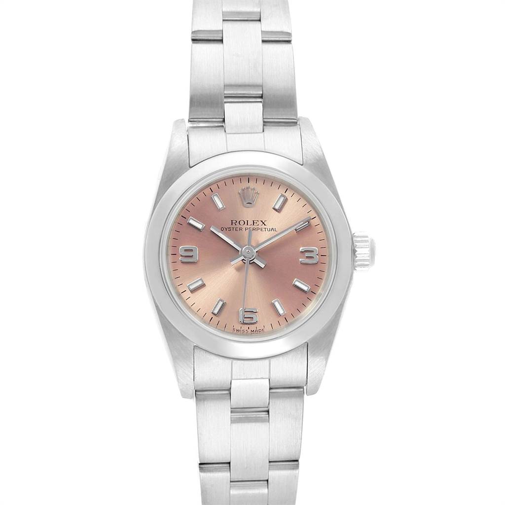This Rolex Oyster Perpetual 76080 Women's Stainless Steel Pink Dial 76080 Women's Stainless Steel Pink Dial watch is shown from a front angle, displaying the face, bezel, crown, and part of the strap.