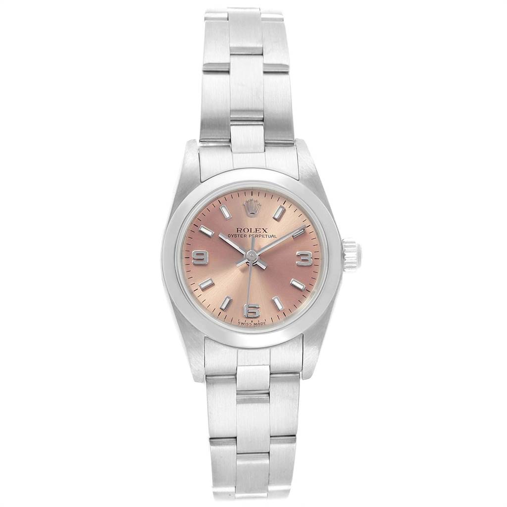 This image shows a frontal view of the Rolex Oyster Perpetual 76080 Women's Stainless Steel Pink Dial 76080 Women's Stainless Steel Pink Dial watch, showcasing its dial, bracelet, and crown.