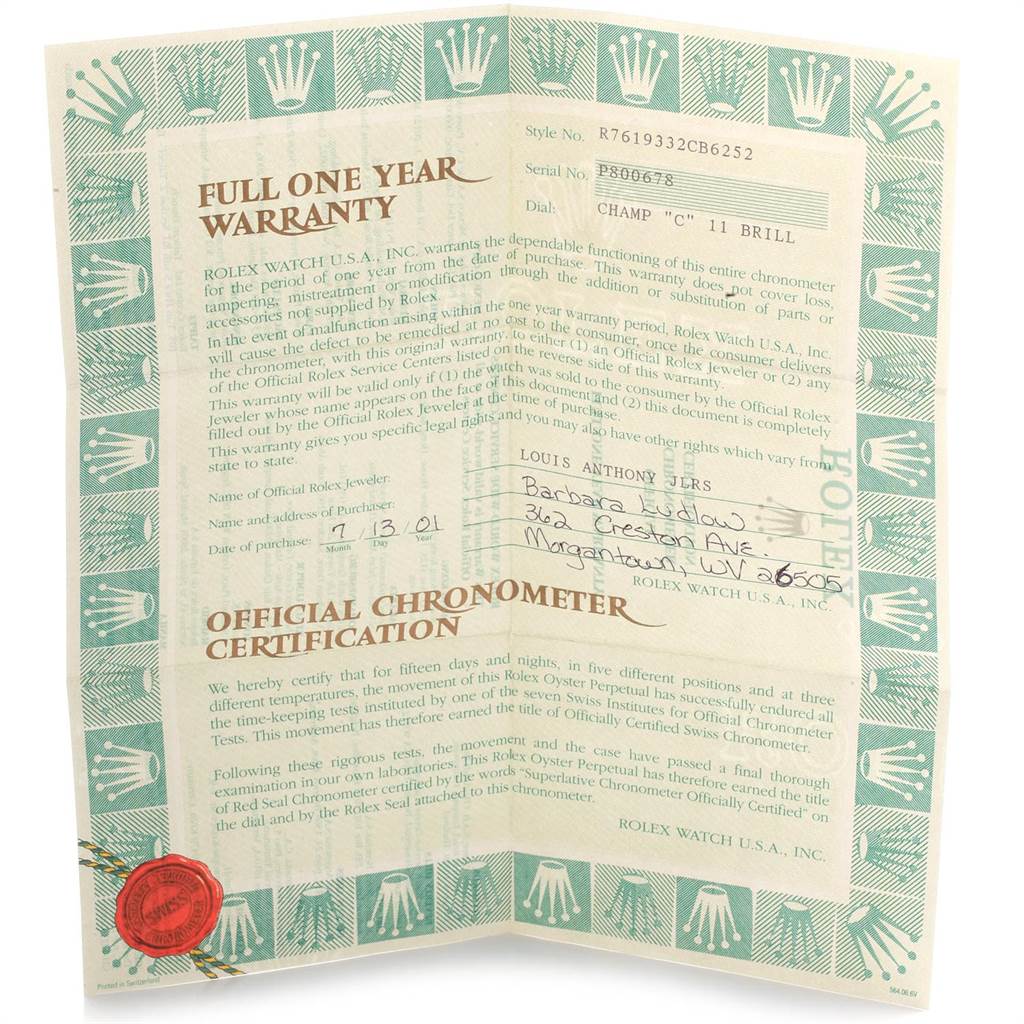 The image shows the warranty and official chronometer certification for a Rolex Oyster Perpetual 76193 Women's Steel and Gold (two tone) Champagne Dial 76193 Women's Steel and Gold (two tone) Champagne Dial watch.