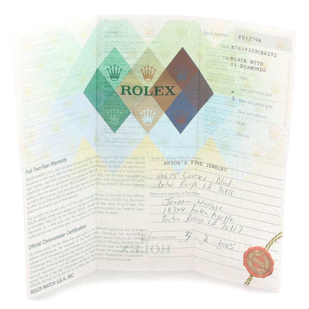 The image shows the warranty and certification papers for a Rolex Oyster Perpetual 76193 Women
s Steel and Gold (two tone) Black Dial 76193 Women
s Steel and Gold (two tone) Black Dial watch.