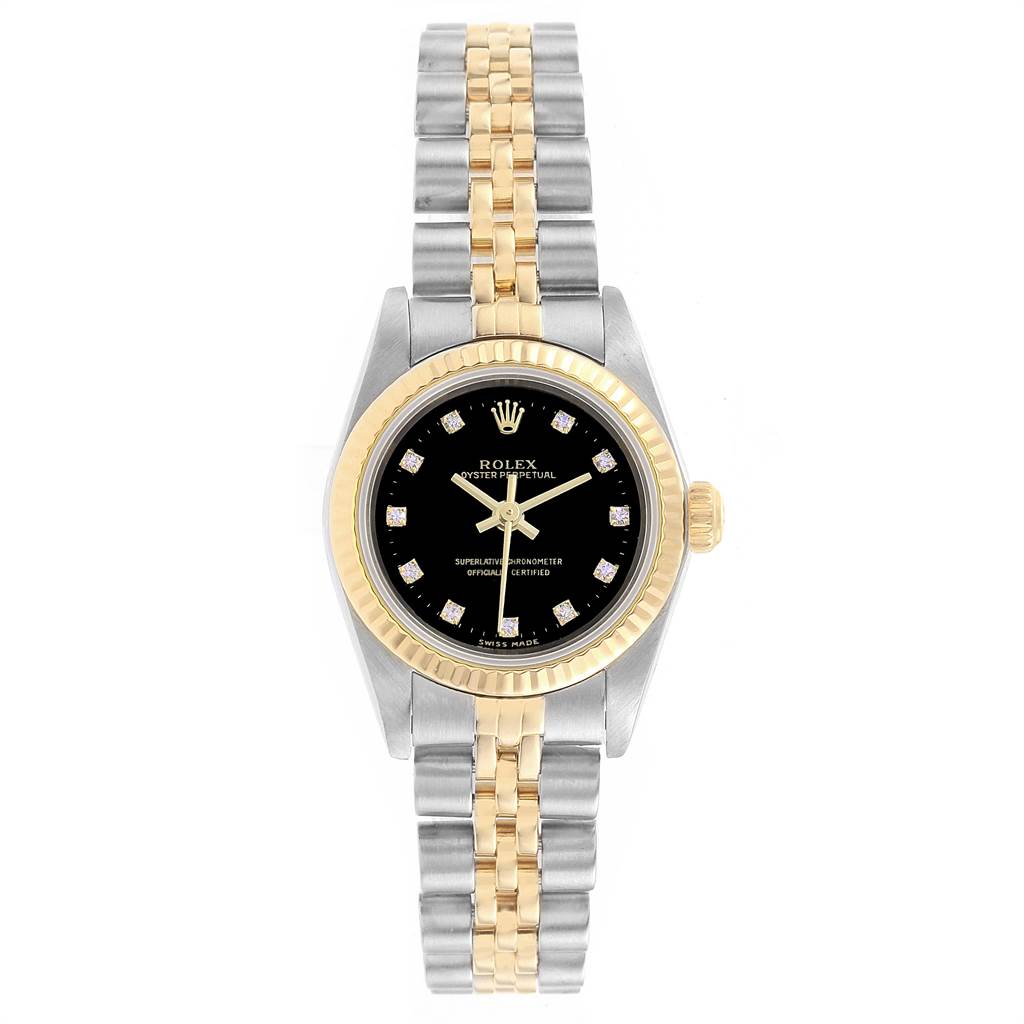 This image shows a front view of the Rolex Oyster Perpetual 76193 Women
s Steel and Gold (two tone) Black Dial 76193 Women
s Steel and Gold (two tone) Black Dial watch with a two-tone bracelet and black dial.
