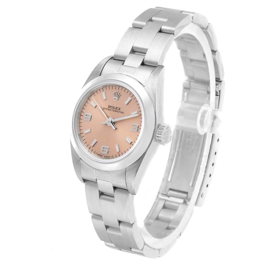 The image shows a Rolex Oyster Perpetual 67180 Women's Stainless Steel Pink Dial 67180 Women's Stainless Steel Pink Dial watch from an angled top view, displaying the dial, bracelet, and clasp.