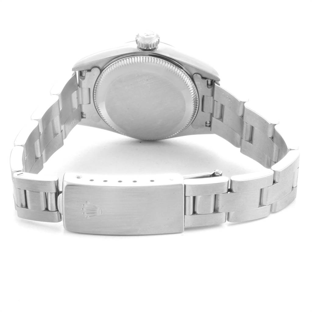 This image shows the case back and bracelet of a Rolex Oyster Perpetual 67180 Women's Stainless Steel Pink Dial 67180 Women's Stainless Steel Pink Dial watch from a rear angle.