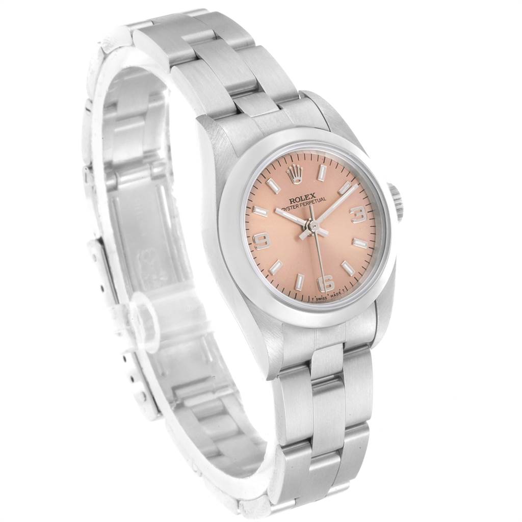 This image shows a side-angle view of a Rolex Oyster Perpetual 67180 Women's Stainless Steel Pink Dial 67180 Women's Stainless Steel Pink Dial watch, highlighting its face, bezel, and bracelet.