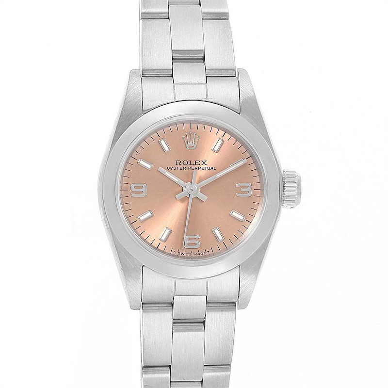 Rolex Oyster Perpetual Nondate Ladies Steel Salmon Dial Watch 67180 SwissWatchExpo