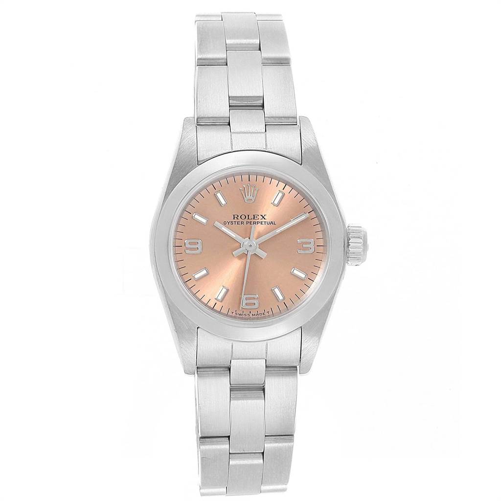 This image shows a front view of a Rolex Oyster Perpetual 67180 Women's Stainless Steel Pink Dial 67180 Women's Stainless Steel Pink Dial watch displaying the face, hands, case, and bracelet.