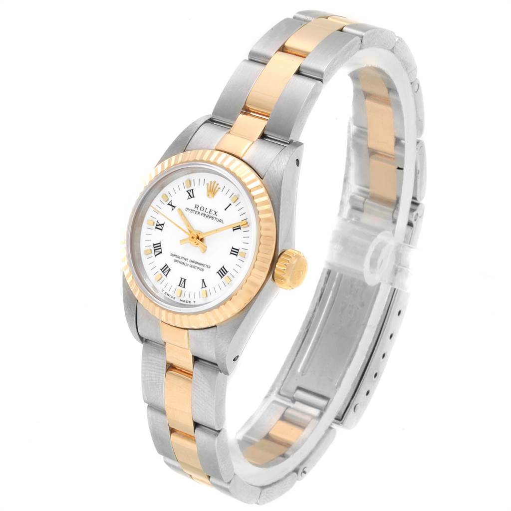 This image shows a Rolex Oyster Perpetual 67193 Women's Steel and Gold (two tone) White Dial 67193 Women's Steel and Gold (two tone) White Dial watch at a front-side angle, featuring its two-tone bracelet, crown, and white dial.