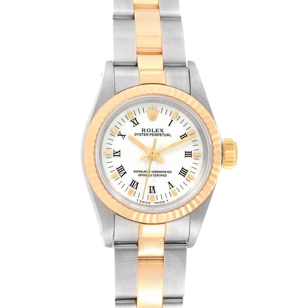 The image shows a frontal view of the Rolex Oyster Perpetual 67193 Women's Steel and Gold (two tone) White Dial 67193 Women's Steel and Gold (two tone) White Dial watch, highlighting its two-tone bracelet and white dial with Roman numerals.