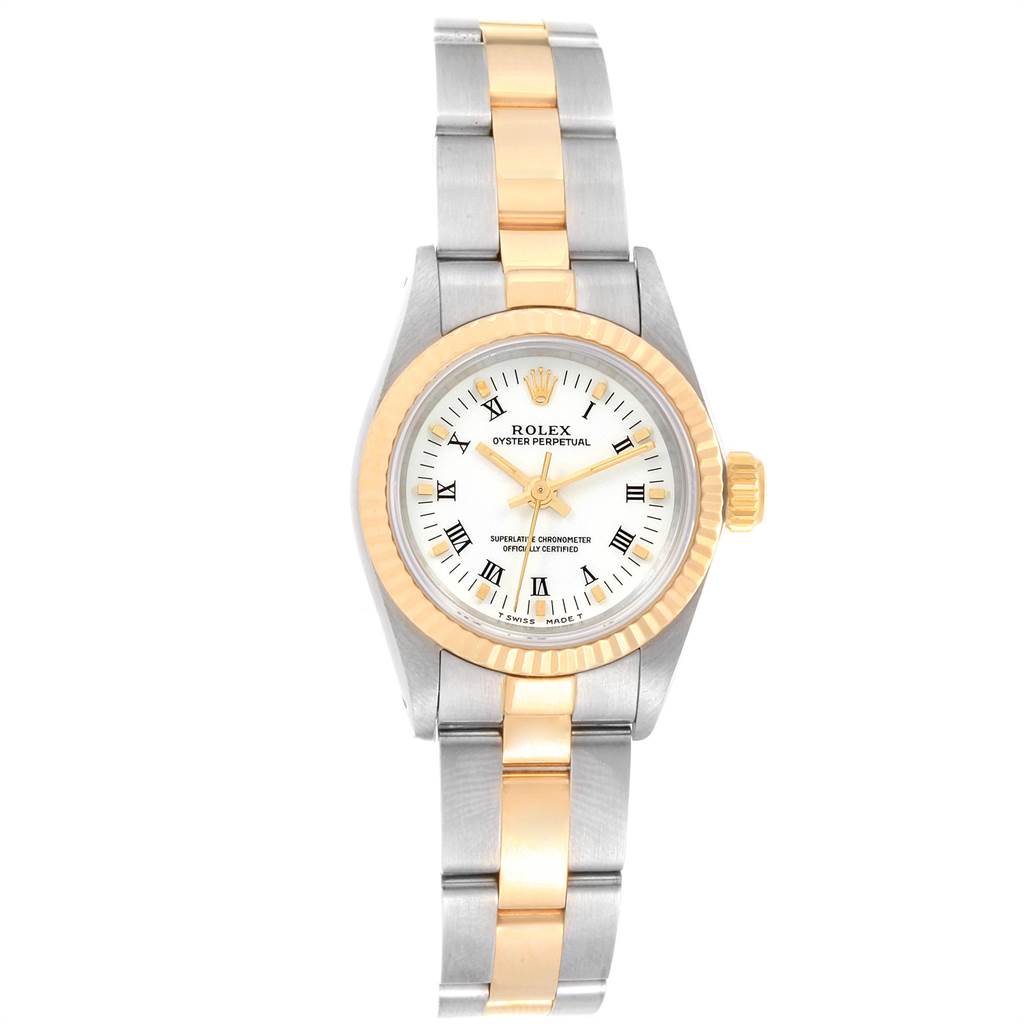 The image shows a front view of the Oyster Perpetual watch by Rolex, displaying its dial, bezel, and bracelet.