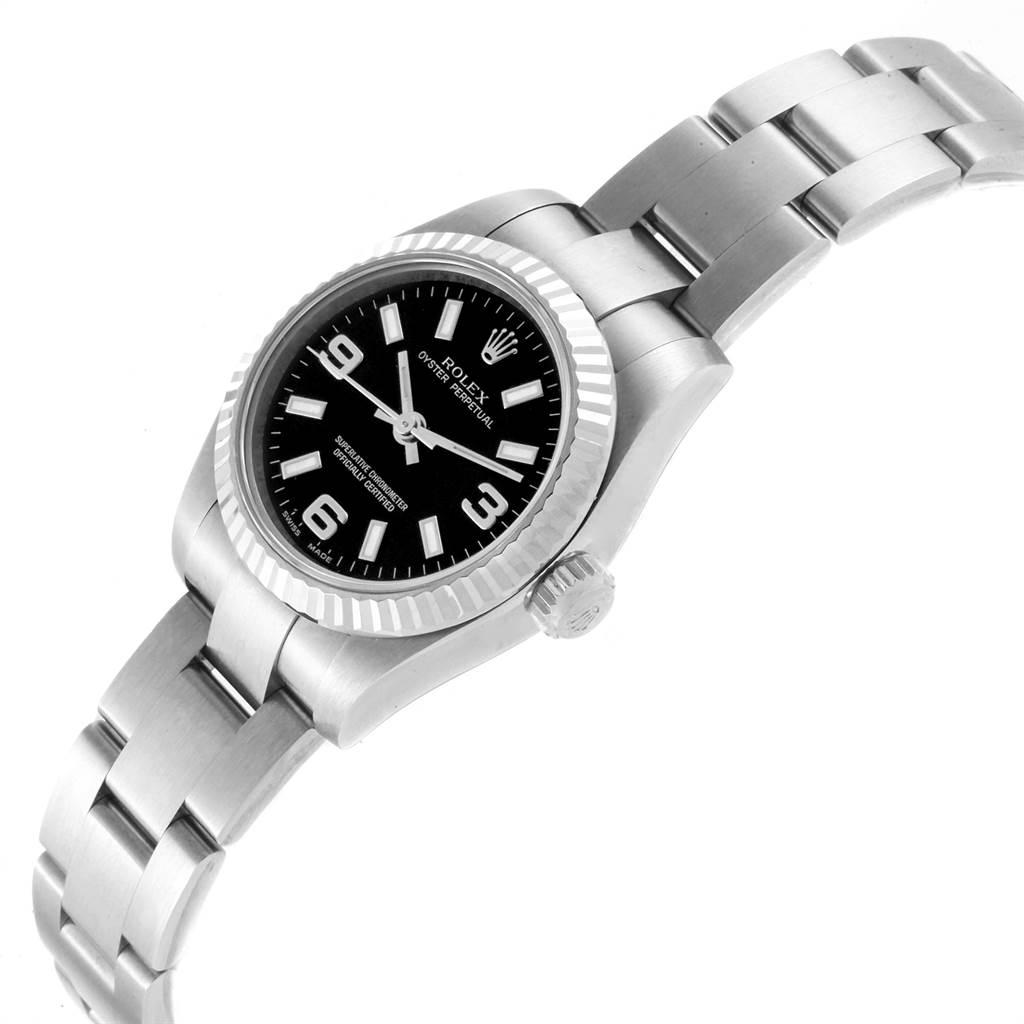 The image shows a side angle of a Rolex Oyster Perpetual 176234 Women
s Stainless Steel Black Dial 176234 Women
s Stainless Steel Black Dial watch, highlighting the dial, bezel, crown, and bracelet.