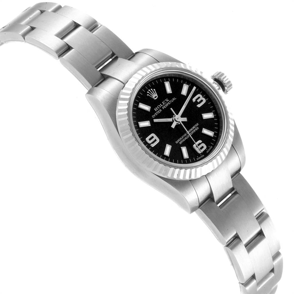 The image shows a Rolex Oyster Perpetual 176234 Women
s Stainless Steel Black Dial 176234 Women
s Stainless Steel Black Dial watch angled diagonally, displaying the bracelet, case, dial, and crown.