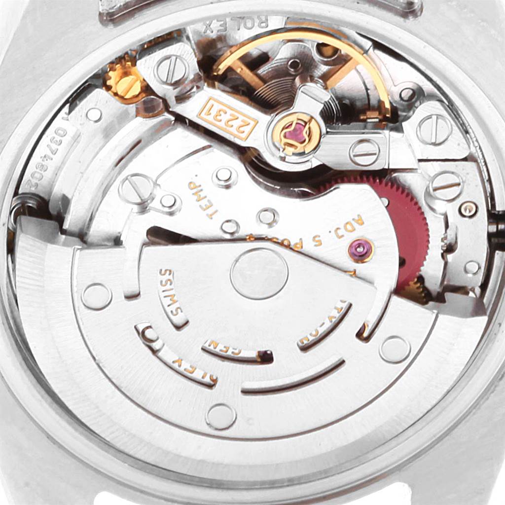 This image shows the movement mechanism of a Rolex Oyster Perpetual 176234 Women
s Stainless Steel Black Dial 176234 Women
s Stainless Steel Black Dial watch from a close-up, rear-angle view.