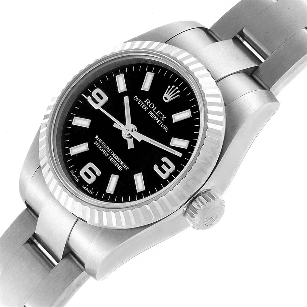 This image shows a close-up angle of the Rolex Oyster Perpetual 176234 Women
s Stainless Steel Black Dial 176234 Women
s Stainless Steel Black Dial watch, highlighting the dial, bezel, crown, and part of the bracelet.