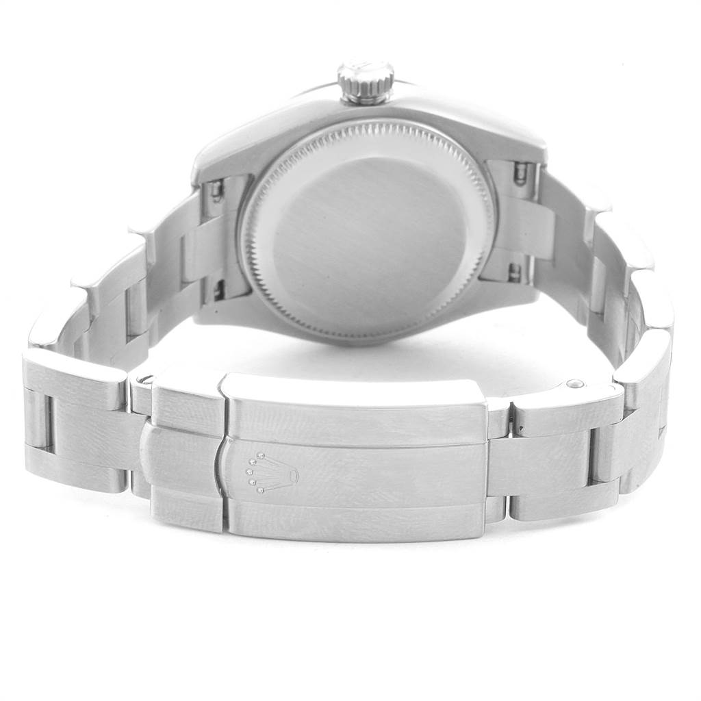 The image shows the back side of the Rolex Oyster Perpetual 176234 Women
s Stainless Steel Black Dial 176234 Women
s Stainless Steel Black Dial watch, highlighting the case back, crown, and clasp.