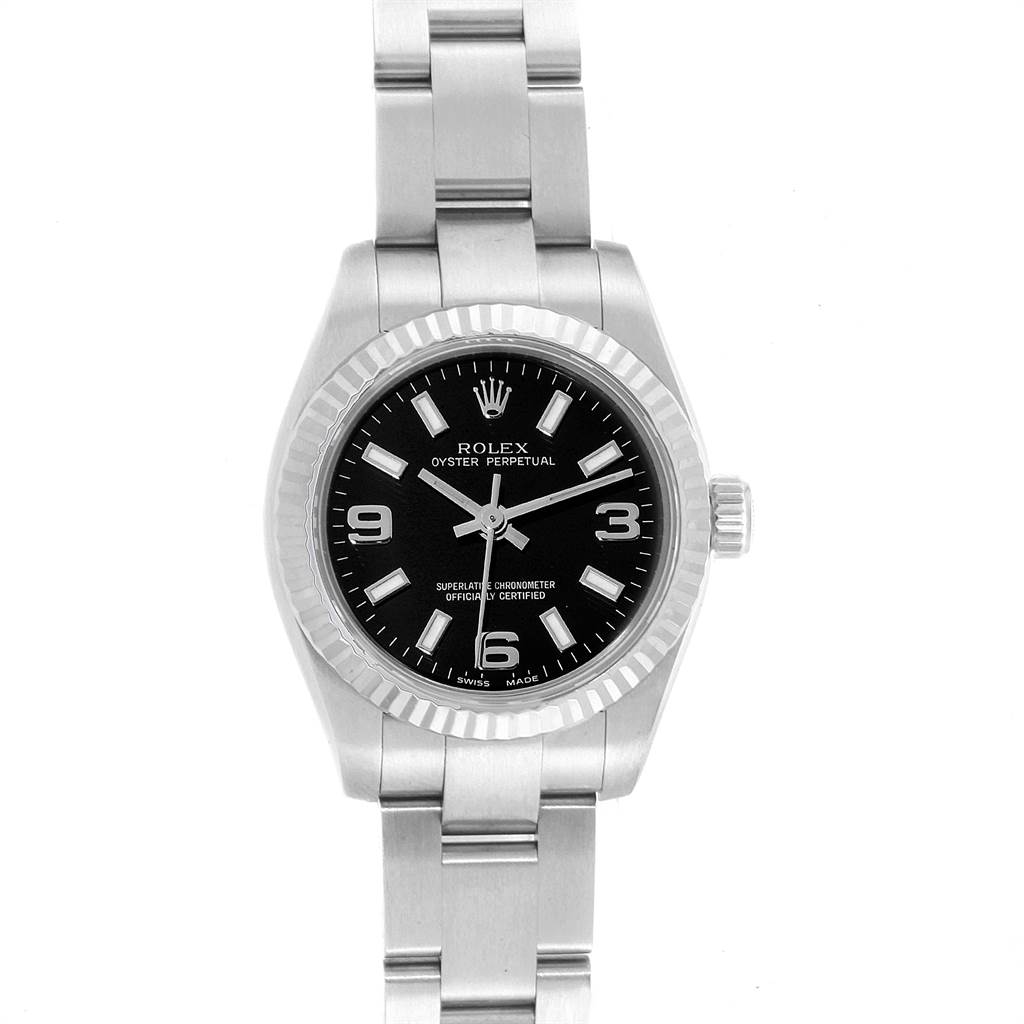 This image shows a front view of the Rolex Oyster Perpetual 176234 Women
s Stainless Steel Black Dial 176234 Women
s Stainless Steel Black Dial watch, highlighting the dial, bezel, and bracelet.