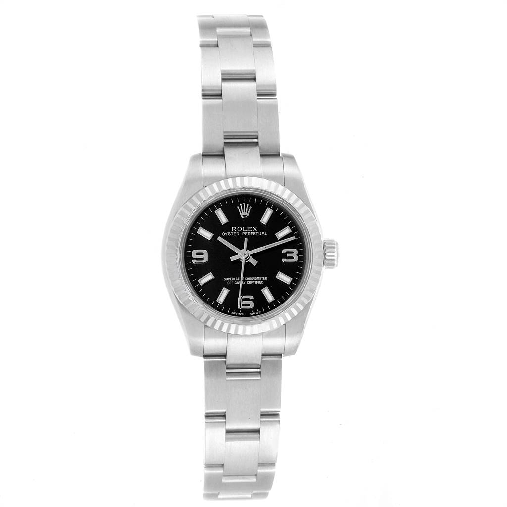 This is a frontal view of a Rolex Oyster Perpetual 176234 Women
s Stainless Steel Black Dial 176234 Women
s Stainless Steel Black Dial watch showing the bracelet, case, dial, hands, and crown.