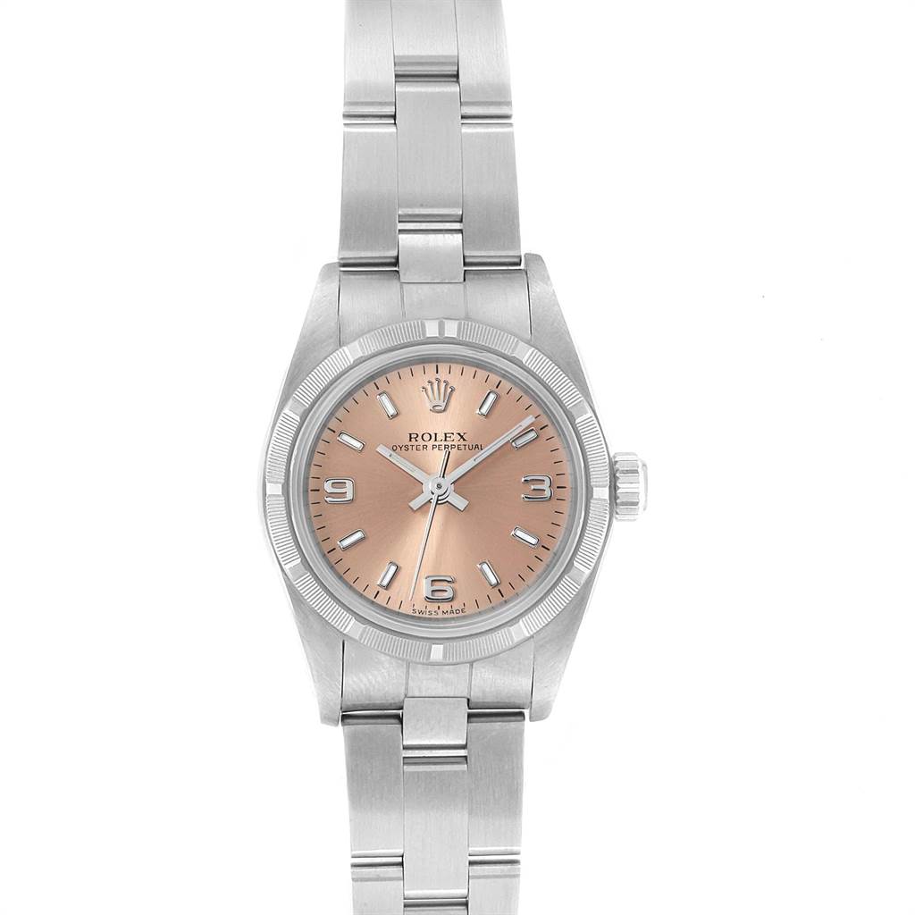 This image shows a frontal view of the Rolex Oyster Perpetual 76030 Women's Stainless Steel Pink Dial 76030 Women's Stainless Steel Pink Dial watch, including the dial, bezel, and bracelet.
