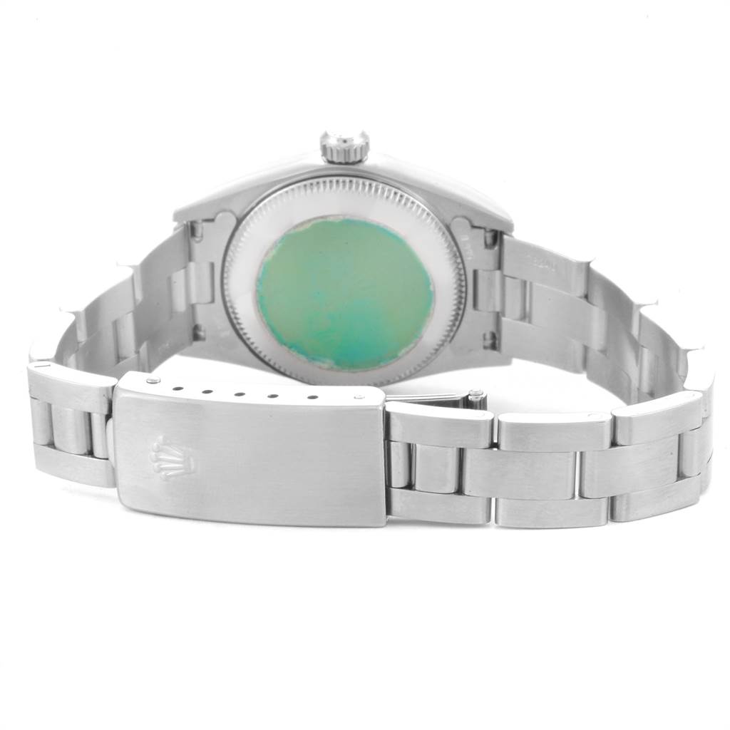 This image shows the backside and bracelet of a Rolex Oyster Perpetual 76030 Women's Stainless Steel Pink Dial 76030 Women's Stainless Steel Pink Dial watch, highlighting the clasp and case back.