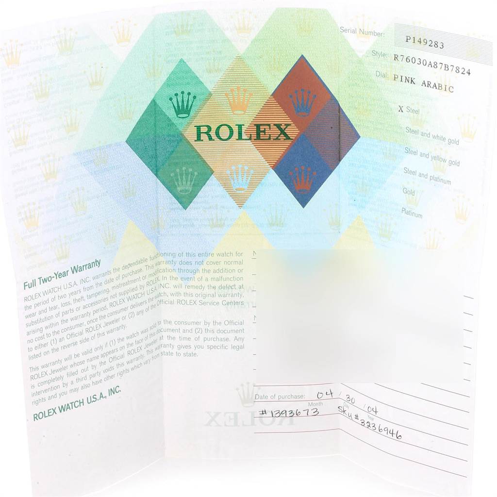 The image shows a warranty card for a Rolex Oyster Perpetual 76030 Women's Stainless Steel Pink Dial 76030 Women's Stainless Steel Pink Dial watch, displaying the model, serial number, and purchase details.