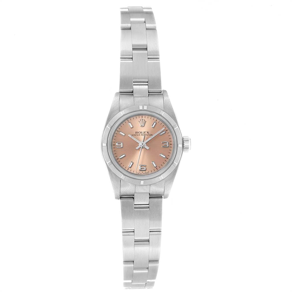 The image shows a frontal view of a Rolex Oyster Perpetual 76030 Women's Stainless Steel Pink Dial 76030 Women's Stainless Steel Pink Dial watch, featuring its face, bezel, and bracelet.