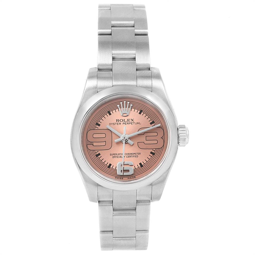 This image shows a frontal view of a Rolex Oyster Perpetual 176200 Women's Stainless Steel Pink Dial 176200 Women's Stainless Steel Pink Dial watch, displaying its dial, bezel, and bracelet.
