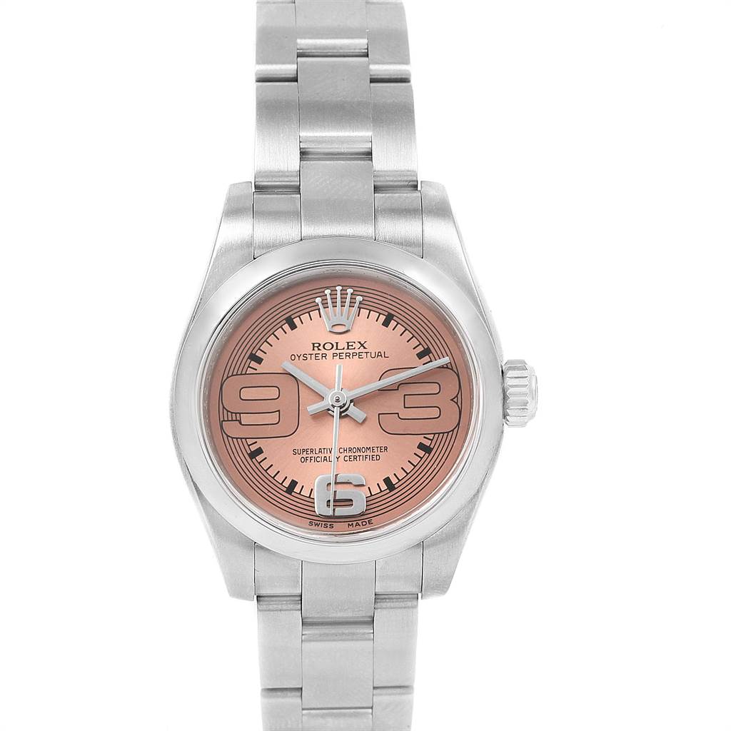 This image shows a frontal view of a Rolex Oyster Perpetual 176200 Women's Stainless Steel Pink Dial 176200 Women's Stainless Steel Pink Dial watch, displaying its face, bracelet, and crown.