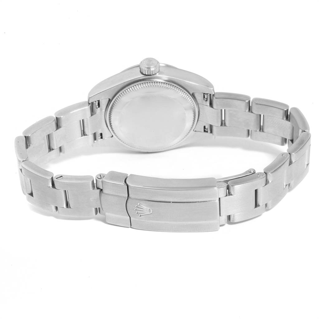 The image shows the back side of a Rolex Oyster Perpetual 176200 Women's Stainless Steel Pink Dial 176200 Women's Stainless Steel Pink Dial watch, highlighting the bracelet and clasp.