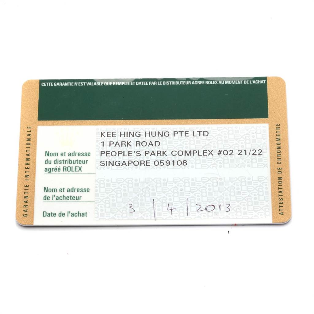 This is a warranty card for the Rolex Oyster Perpetual 176200 Women's Stainless Steel Pink Dial 176200 Women's Stainless Steel Pink Dial, showing dealer information and purchase date.