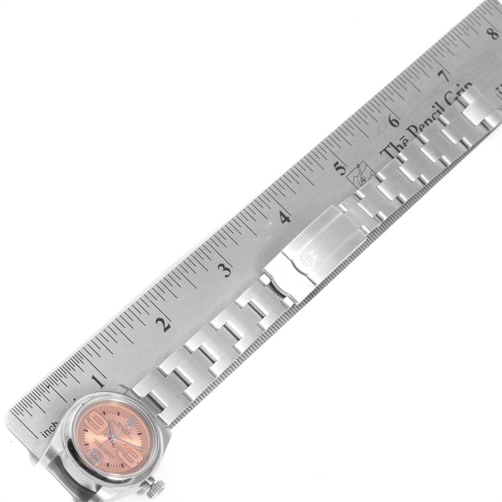 The image shows a Rolex Oyster Perpetual 176200 Women's Stainless Steel Pink Dial 176200 Women's Stainless Steel Pink Dial watch with its case, dial, and band, measured against a ruler.