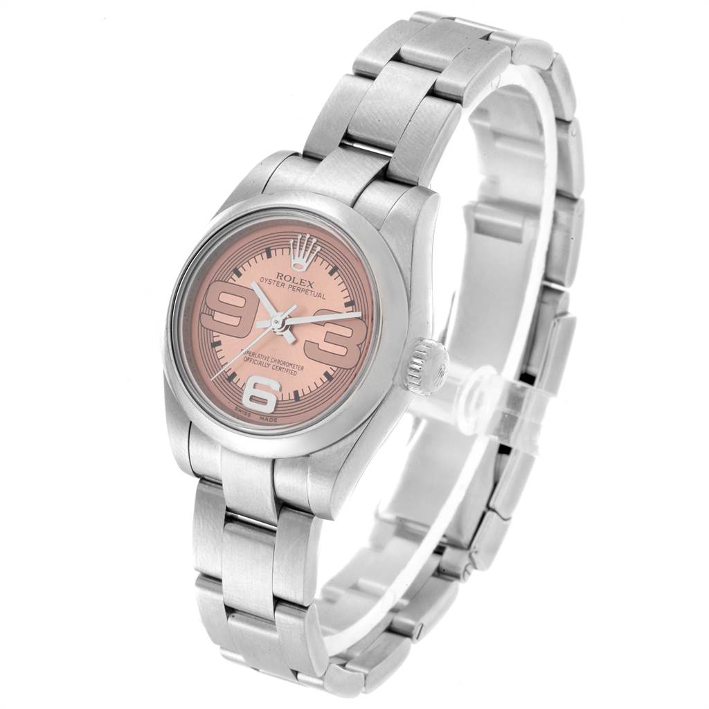 The Rolex Oyster Perpetual 176200 Women's Stainless Steel Pink Dial 176200 Women's Stainless Steel Pink Dial watch is shown at a three-quarter angle, displaying its face, bracelet, and case.