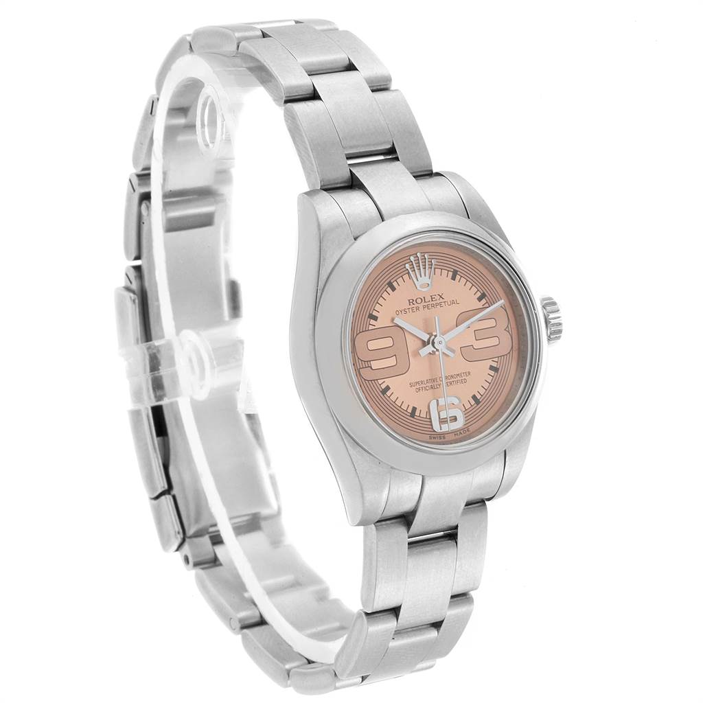 The image shows a Rolex Oyster Perpetual 176200 Women's Stainless Steel Pink Dial 176200 Women's Stainless Steel Pink Dial watch angled from the front-left, displaying the bracelet and face details.