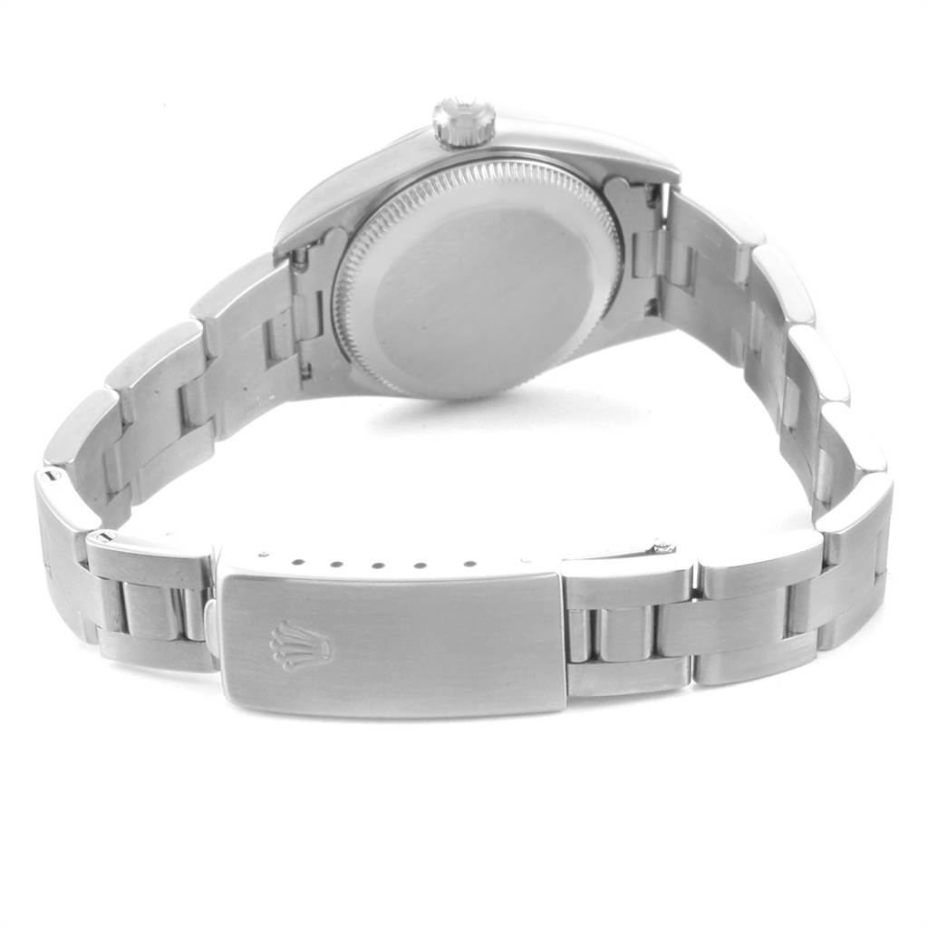 This image shows the back and bracelet clasp of a Rolex Oyster Perpetual 76080 Women's Stainless Steel Pink Dial 76080 Women's Stainless Steel Pink Dial watch, viewed from the rear.