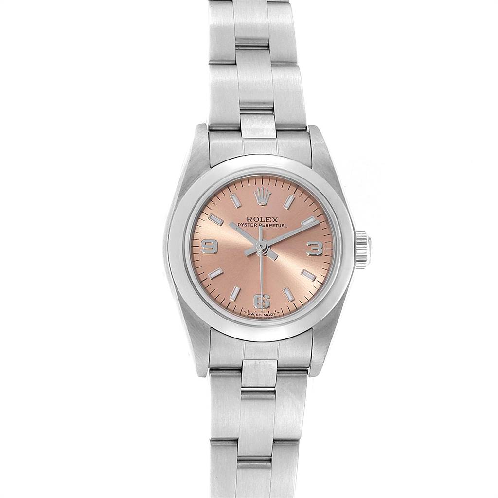 The image shows a top-down view of a Rolex Oyster Perpetual 76080 Women's Stainless Steel Pink Dial 76080 Women's Stainless Steel Pink Dial watch, highlighting its face, bezel, and bracelet.