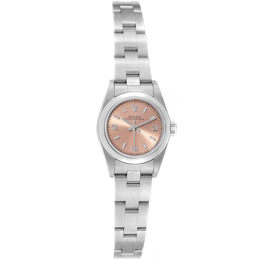 The image shows the front view of a Rolex Oyster Perpetual 76080 Women's Stainless Steel Pink Dial 76080 Women's Stainless Steel Pink Dial watch with a metal band and a salmon-colored dial.