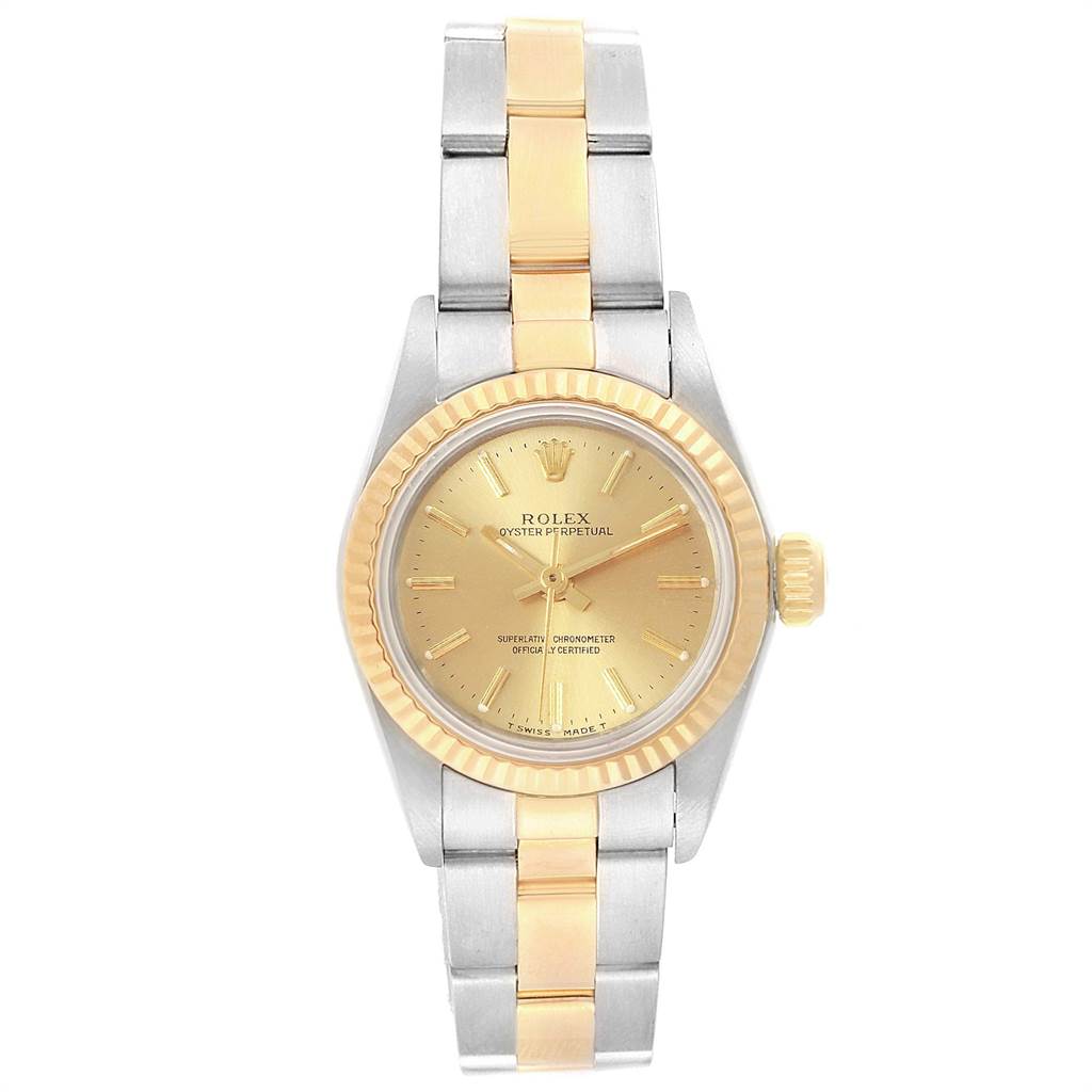 This is a front view of a Rolex Oyster Perpetual 67193 Women's Steel and Gold (two tone) Champagne Dial 67193 Women's Steel and Gold (two tone) Champagne Dial watch featuring a two-tone bracelet and a gold-toned dial.
