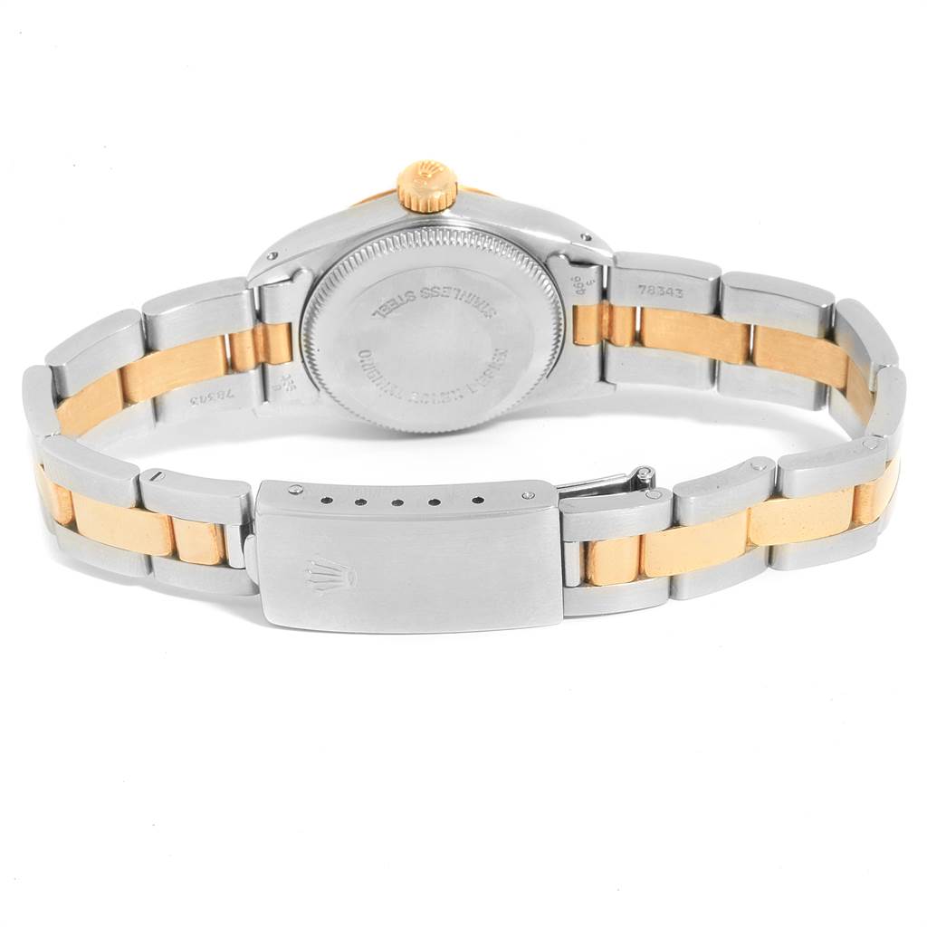 This image shows the back view of a Rolex Oyster Perpetual 67193 Women's Steel and Gold (two tone) Champagne Dial 67193 Women's Steel and Gold (two tone) Champagne Dial watch, highlighting the bracelet and clasp.
