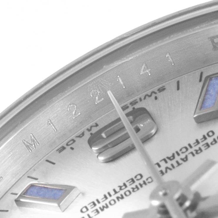 The image shows a close-up of the dial, hands, and part of the rim of a Rolex Oyster Perpetual 176234 Women's Stainless Steel Silver Dial 176234 Women's Stainless Steel Silver Dial watch.