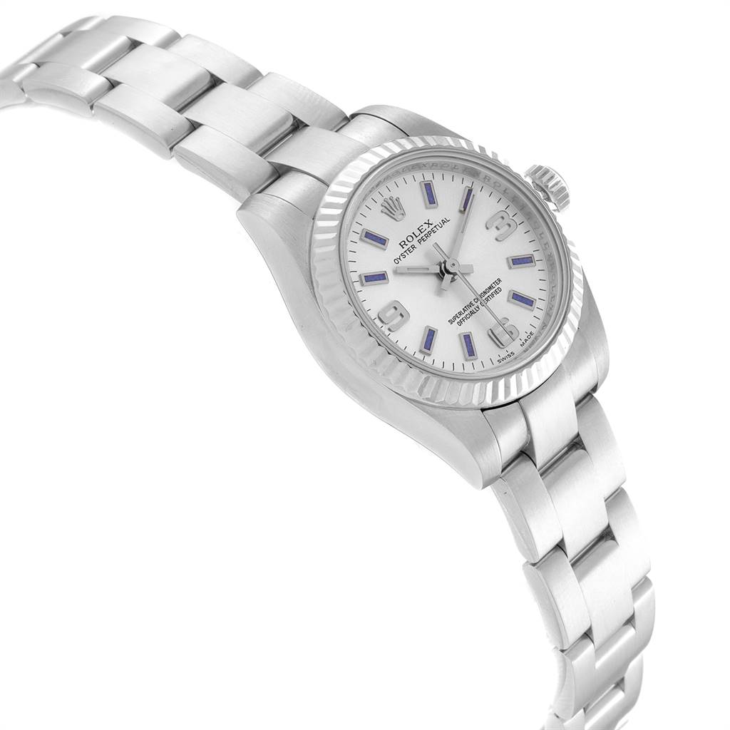 The image showcases a side view of the Rolex Oyster Perpetual 176234 Women's Stainless Steel Silver Dial 176234 Women's Stainless Steel Silver Dial watch, displaying its stainless steel band, crown, and face.