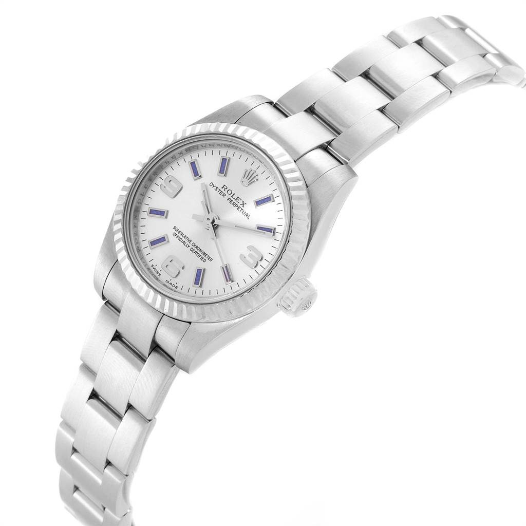 This image shows a side view of a Rolex Oyster Perpetual 176234 Women's Stainless Steel Silver Dial 176234 Women's Stainless Steel Silver Dial, highlighting the dial, bezel, crown, and bracelet.