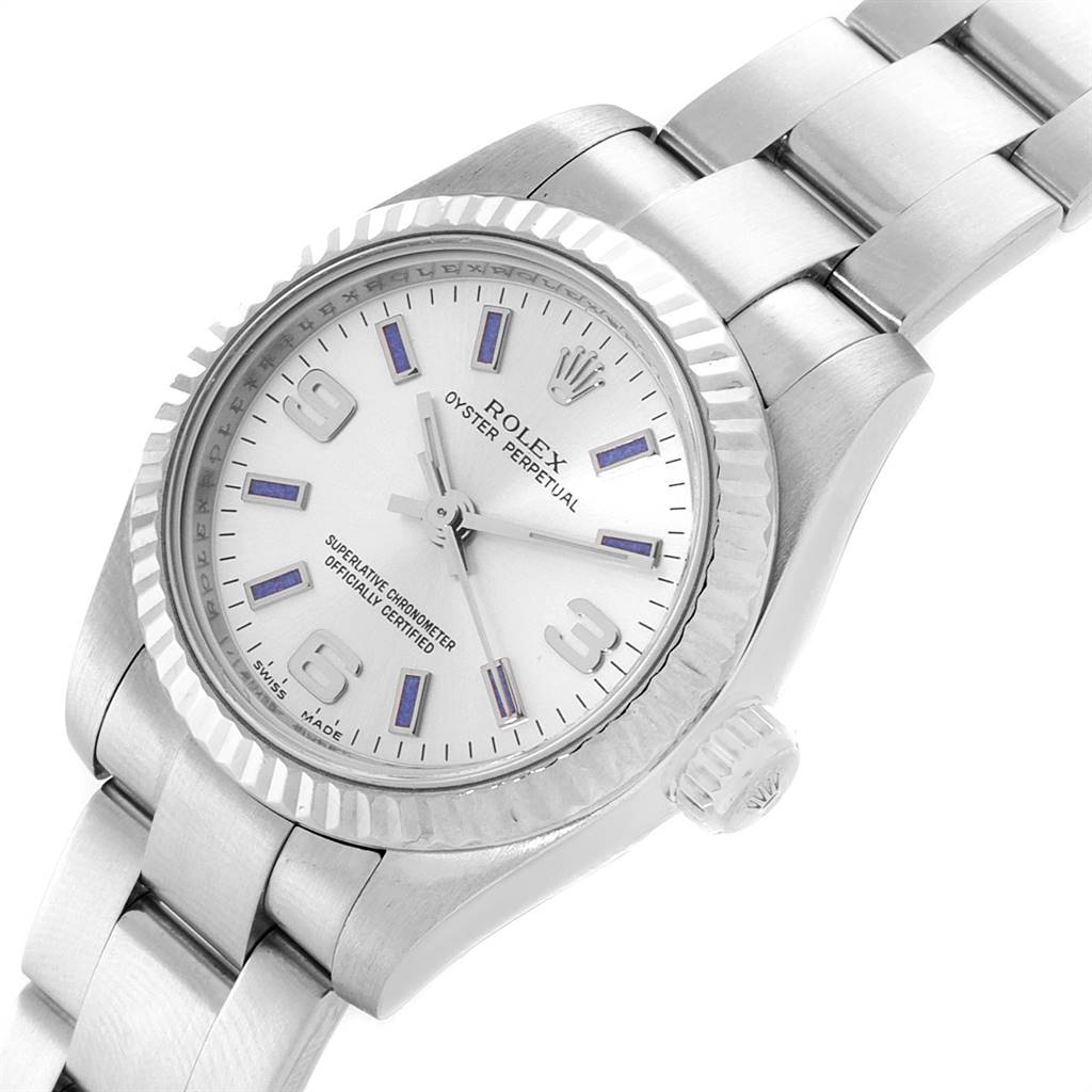 The Rolex Oyster Perpetual 176234 Women's Stainless Steel Silver Dial 176234 Women's Stainless Steel Silver Dial watch is shown from a front angle highlighting the dial, bezel, and bracelet.