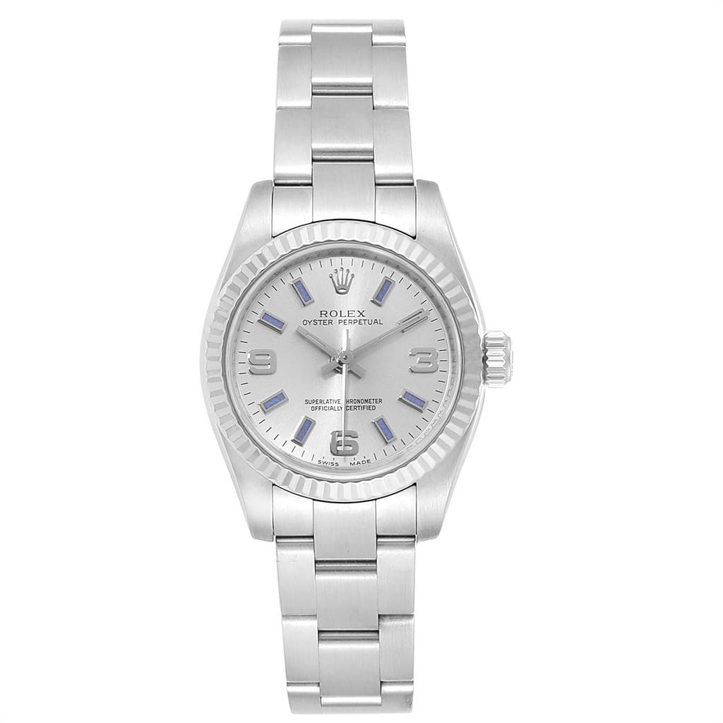 This Rolex Oyster Perpetual 176234 Women's Stainless Steel Silver Dial 176234 Women's Stainless Steel Silver Dial watch is shown from the front, highlighting the dial, bezel, and bracelet.