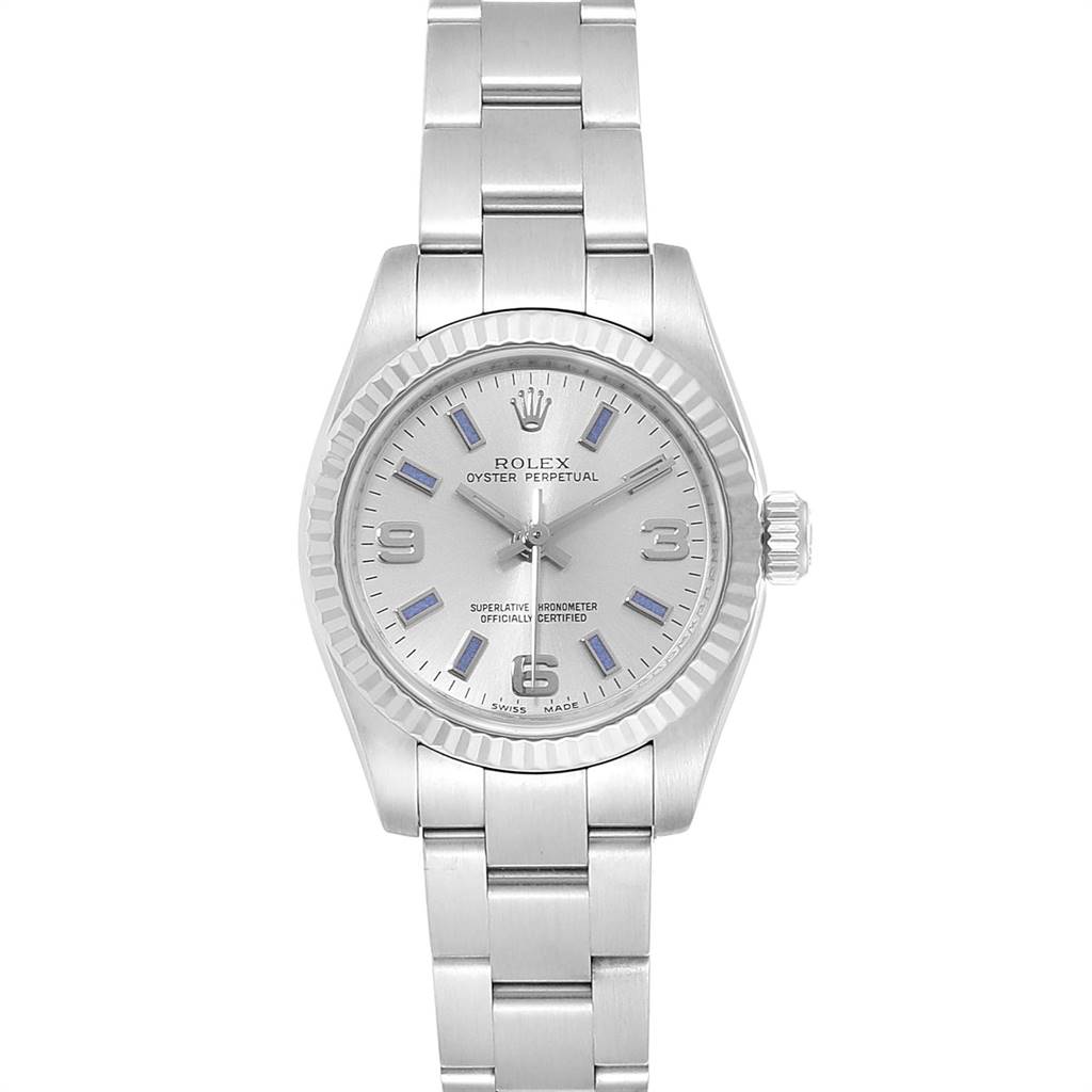 This image shows a front view of the Rolex Oyster Perpetual 176234 Women's Stainless Steel Silver Dial 176234 Women's Stainless Steel Silver Dial watch, displaying its face, bezel, crown, and bracelet.