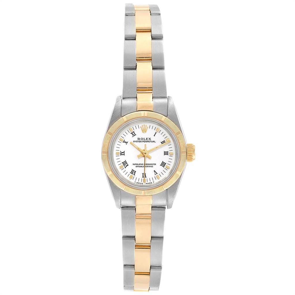 This Rolex Oyster Perpetual 67233 Women's Steel and Gold (two tone) White Dial 67233 Women's Steel and Gold (two tone) White Dial watch is shown from a front angle, highlighting its two-tone band and white dial.