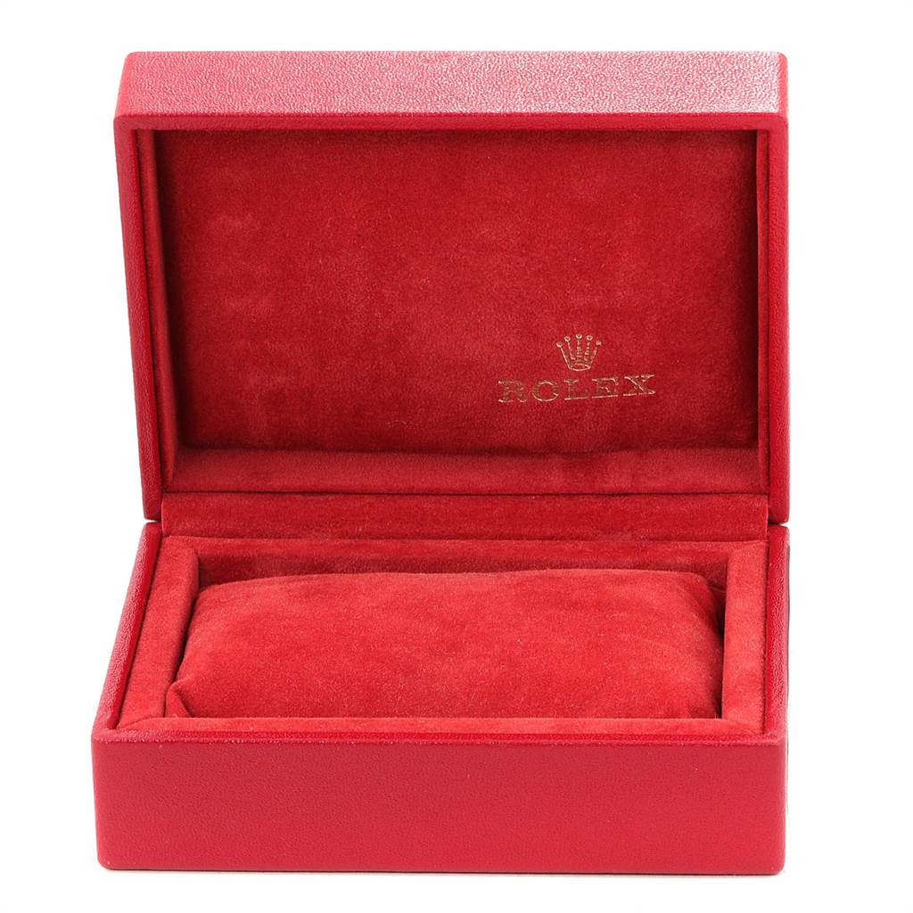 The image shows an open red velvet box for the Rolex Oyster Perpetual 67193 Women's Steel and Gold (two tone) White Dial 67193 Women's Steel and Gold (two tone) White Dial watch, with the Rolex logo inside.