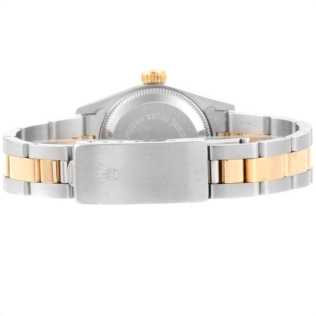 The image shows the back and strap of a Rolex Oyster Perpetual 67193 Women's Steel and Gold (two tone) White Dial 67193 Women's Steel and Gold (two tone) White Dial watch, highlighting the clasp and part of the case back.